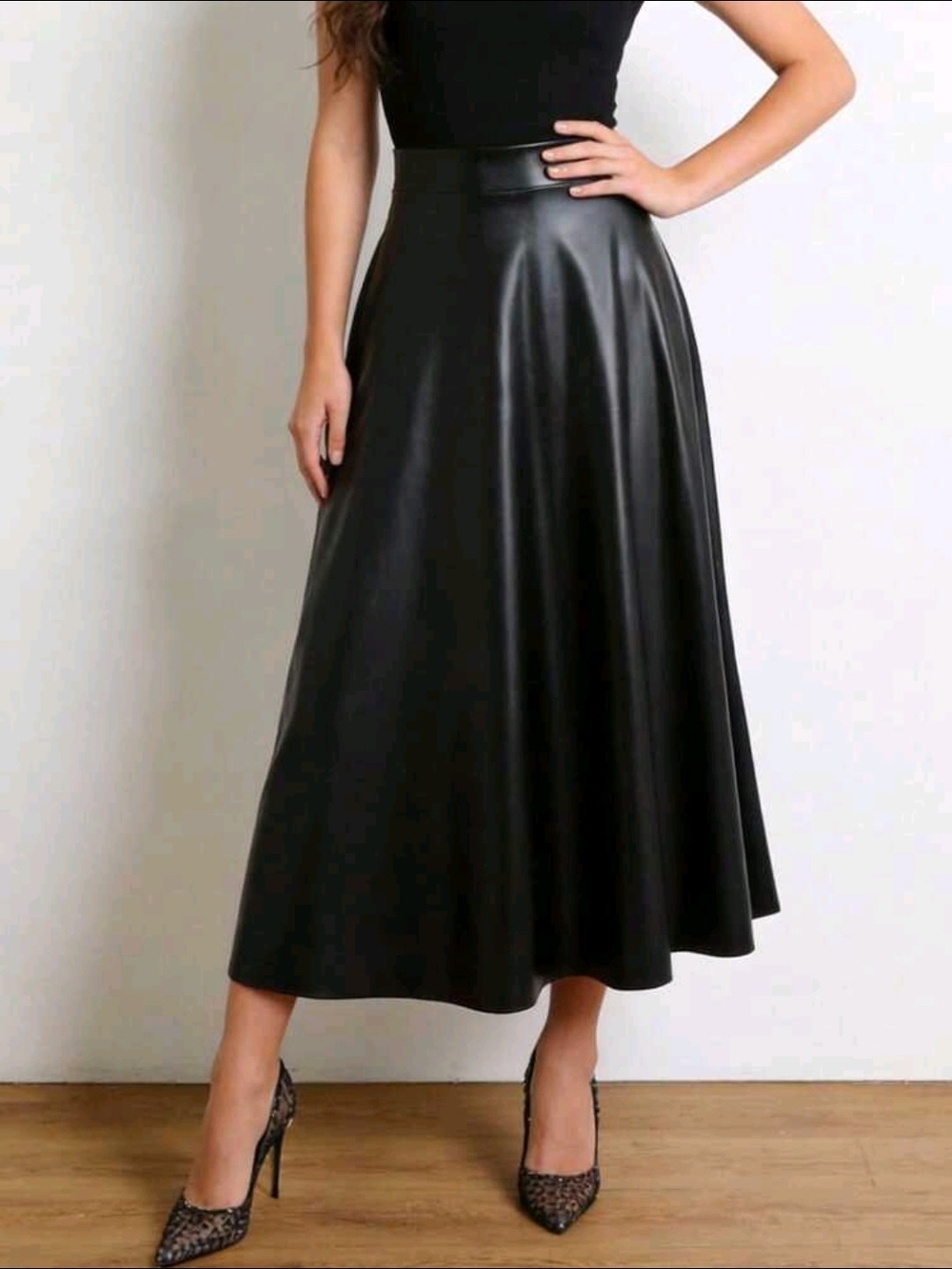 SHEIN Black Faux Leather A-Line Midi Skirt